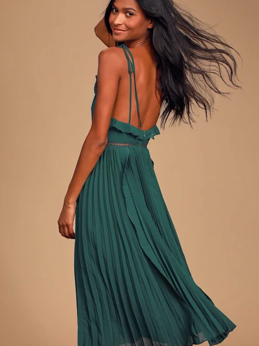 Never a Dull Moment Emerald Green Tie-Strap Pleated Midi Dress sz M - Picture 4 of 4